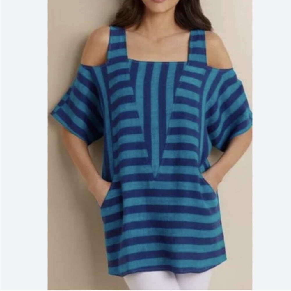 Soft Surroundings Blue Striped  Cold Shoulder Linen Blend Size 2X EUC